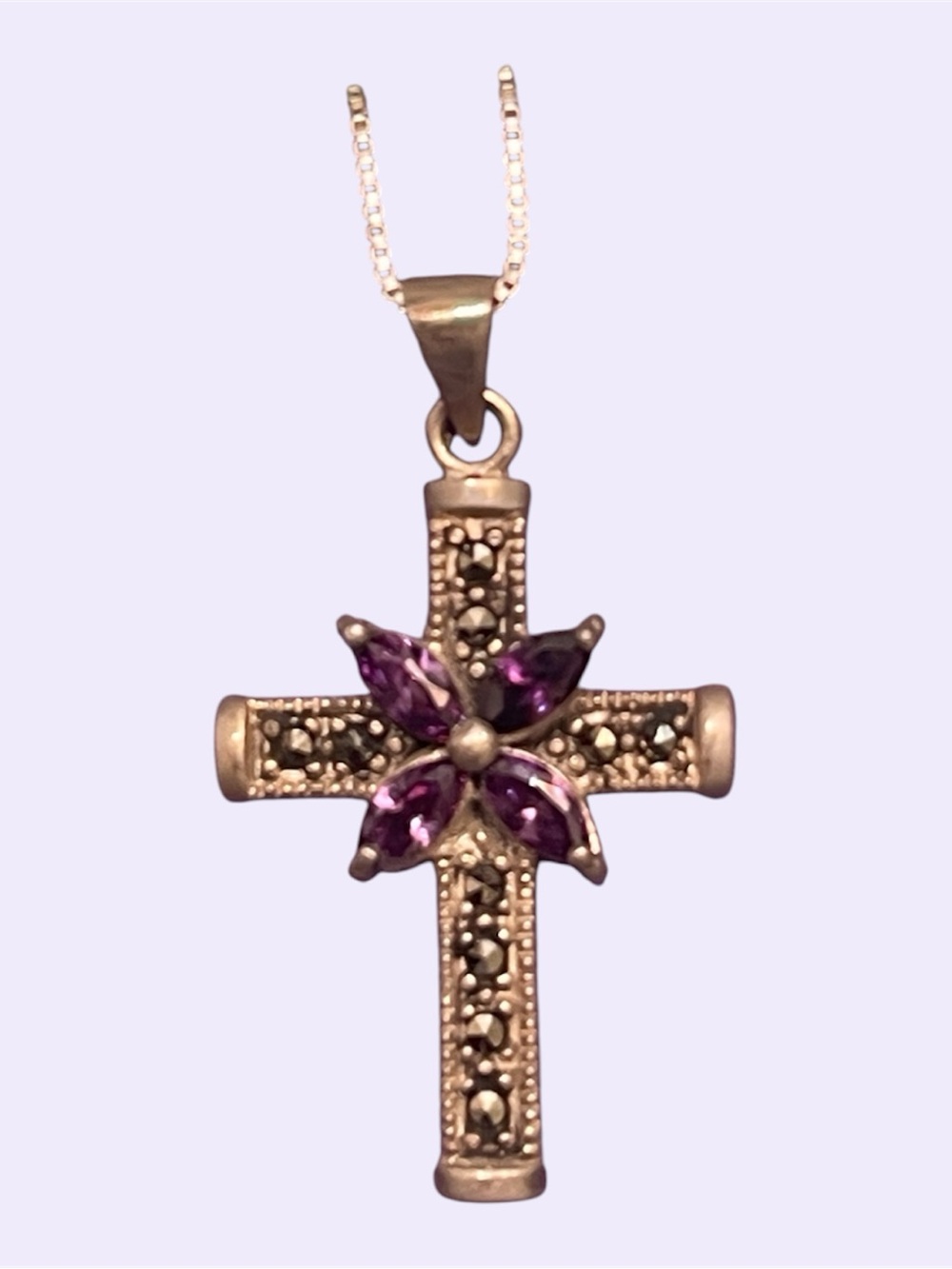 Vintage Signed MO 925 Sterling Silver Amethyst Marcasite Cross Necklace